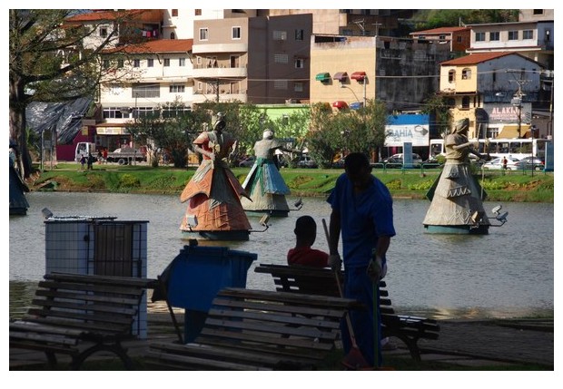 floating Orisha statues in Digue de Torrero lake in Salvador de Bahia