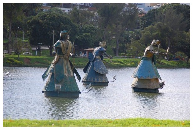 floating Orisha statues in Digue de Torrero lake in Salvador de Bahia