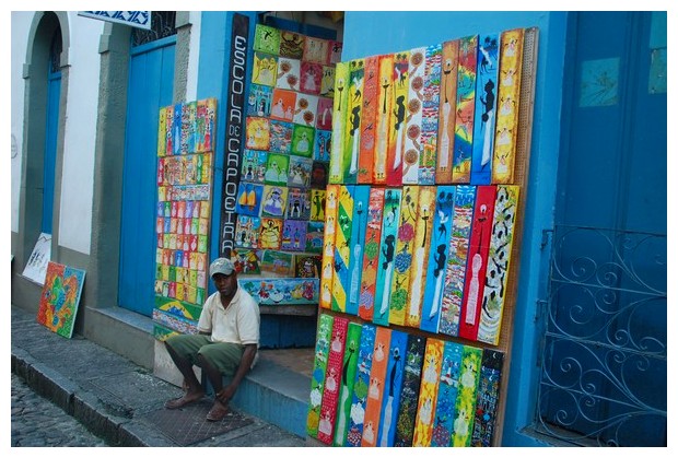 Street shops selling paintings in Pelorinho, Salvador do Bahia, Brazil