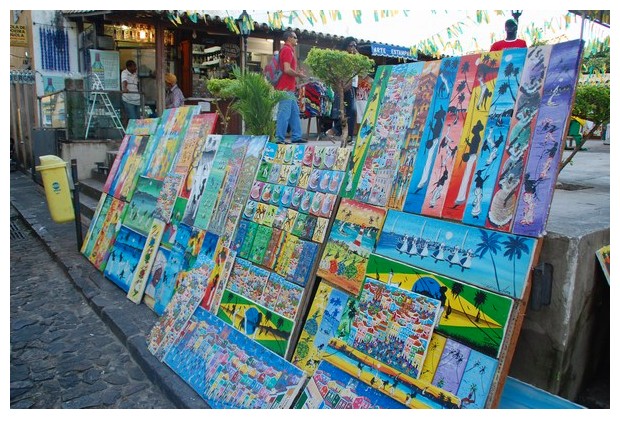 Street shops selling paintings in Pelorinho, Salvador do Bahia, Brazil