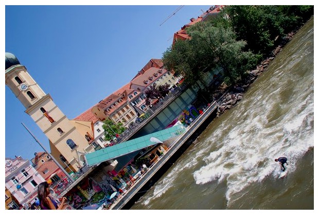 Austria, Graz, practicing windsurf in river