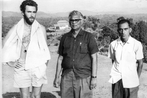 Tom Cowen, Pattabhi Reddy & Srinivas Rao during shooting of Samskara, 1970