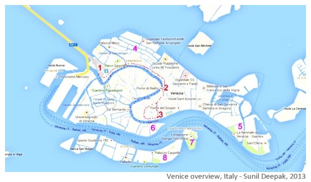 Venice walking tour map, Italy - images by Sunil Deepak