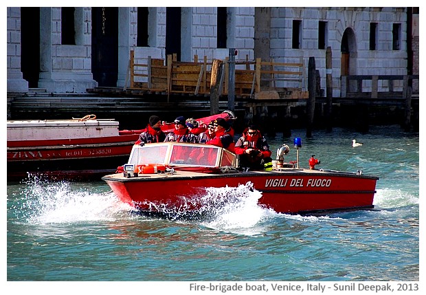 Venice walking tour, fire brigade boat, Italy - images by Sunil Deepak