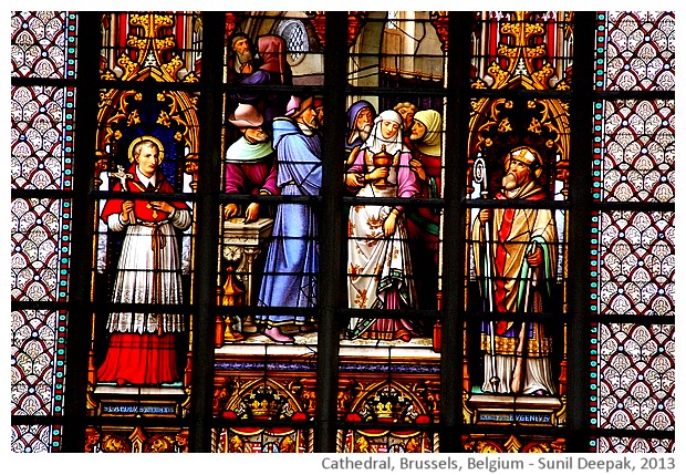 Stained glass windows, cathedral, Brussels, Belgium - images by Sunil Deepak, 2013