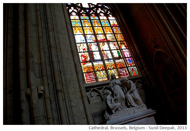 Stained glass windows, cathedral, Brussels, Belgium - images by Sunil Deepak, 2013