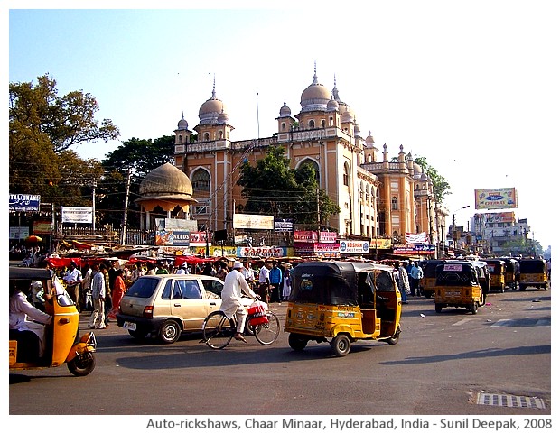 Auto rickshaws, Chaar Minaar, Hyderabad, India - images by Sunil Deepak, 2008