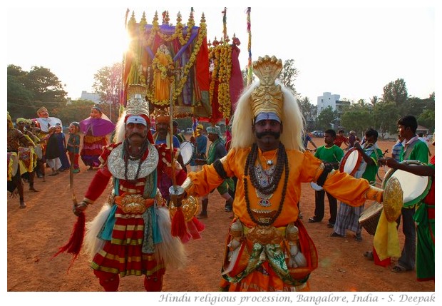 Traditional dancers in Hindu religious procession - images by S. Deepak