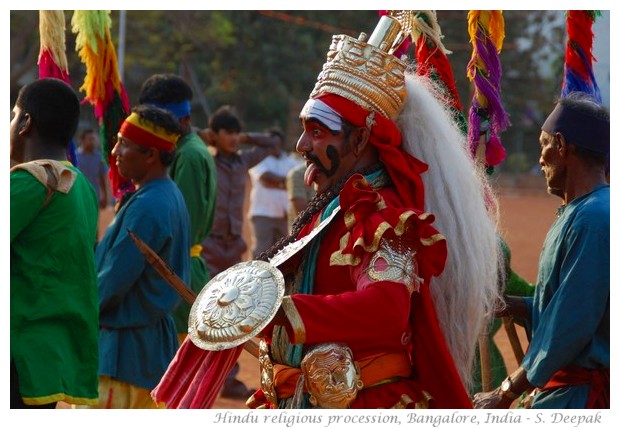 Traditional dancers in Hindu religious procession - images by S. Deepak