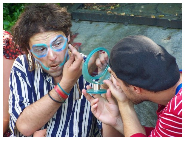 People with blue masks, summer festival Bologna