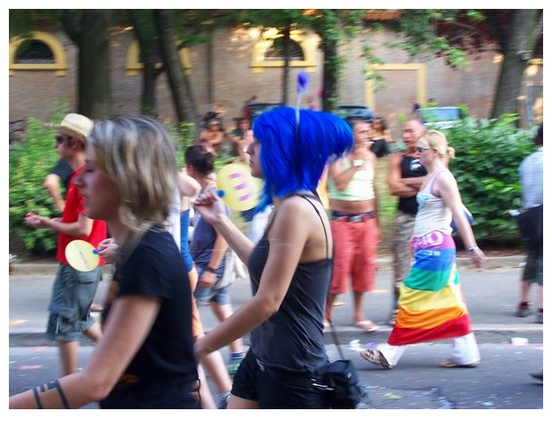 People dressed in blue at Bologna gay lesbian bisexual transgender pride parade, 2008