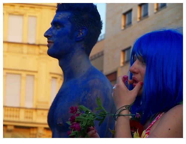 People dressed in blue at Bologna gay lesbian bisexual transgender pride parade, 2008
