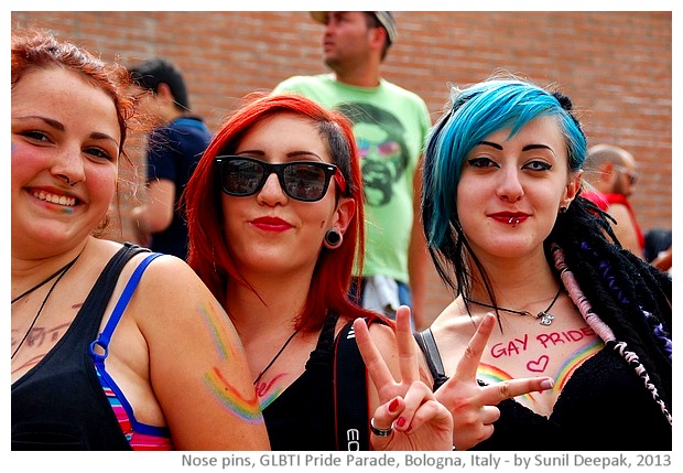 People with body pins, GLBTI pride parade, Bologna, Italy - images by Sunil Deepak, 2013