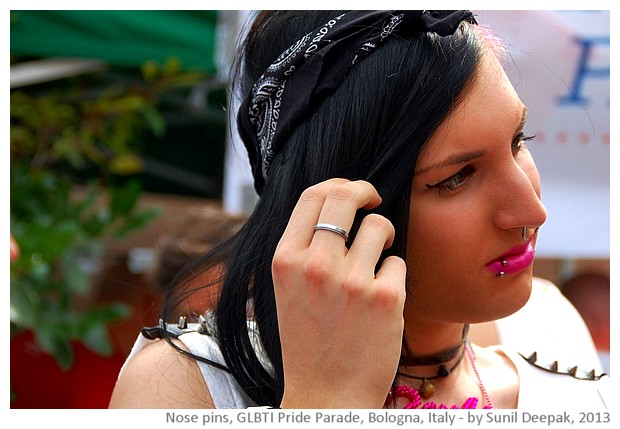 People with body pins, GLBTI pride parade, Bologna, Italy - images by Sunil Deepak, 2013