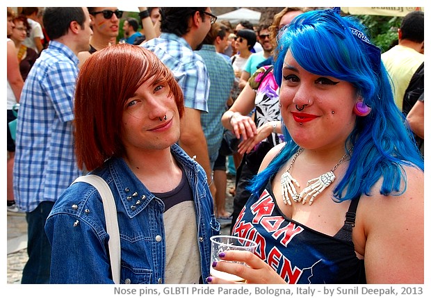 People with body pins, GLBTI pride parade, Bologna, Italy - images by Sunil Deepak, 2013