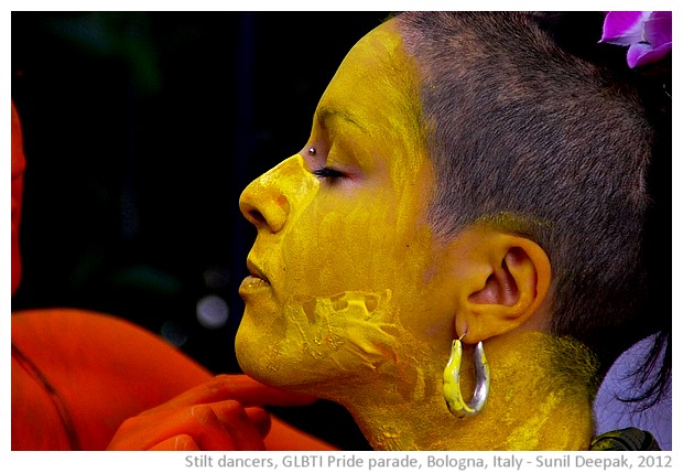 Colourful stilt dancers, Bologna Gay Pride parade, Italy - images by Sunil Deepak, 2012