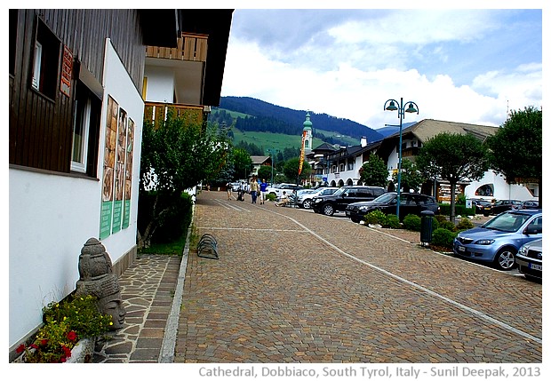 Cathedral and green roofed bell tower, Dobbiaco, Italy - images by Sunil Deepak, 2013