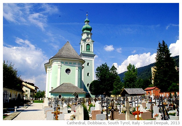 Cathedral and green roofed bell tower, Dobbiaco, Italy - images by Sunil Deepak, 2013