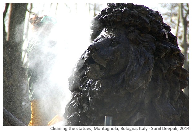 Cleaning statues, Montagnola park, Bologna, Italy - images by Sunil Deepak, 2014