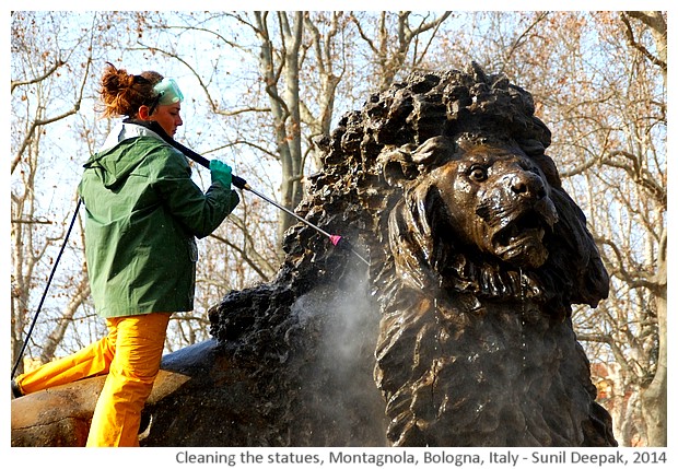 Cleaning statues, Montagnola park, Bologna, Italy - images by Sunil Deepak, 2014