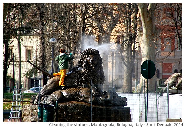 Cleaning statues, Montagnola park, Bologna, Italy - images by Sunil Deepak, 2014