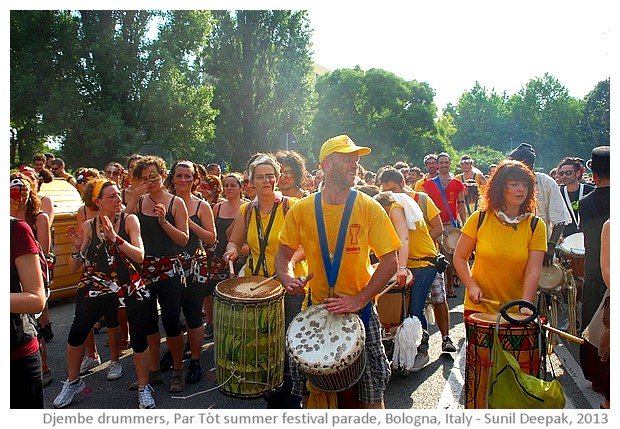 Djembe African drummers, Par Tot summer parade, Bologn, Italy - images by Sunil Deepak, 2013