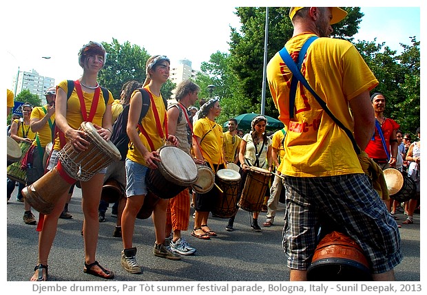 Djembe African drummers, Par Tot summer parade, Bologn, Italy - images by Sunil Deepak, 2013