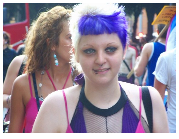 People with purple heads in Bologna summer festivals