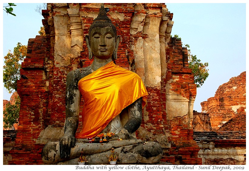 Buddha statues draped in yellow, Ayutthaya, Thailand - Images by Sunil Deepak