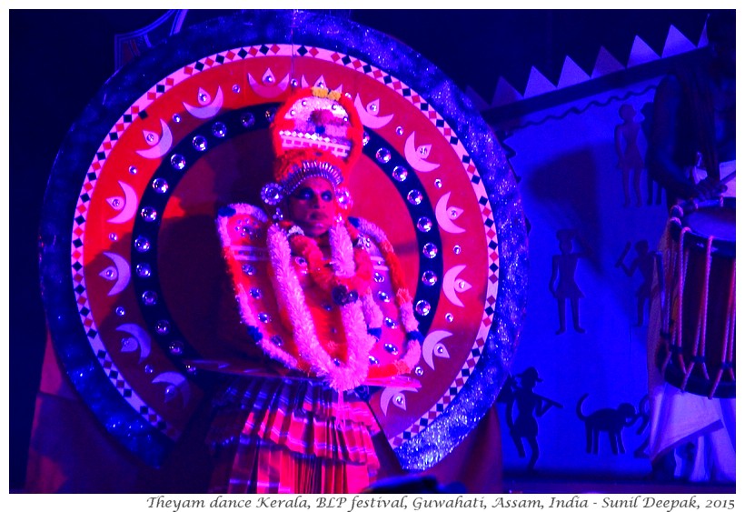 Folk dancers in blue light, Guwahati, Assam, India - Images by Sunil Deepak