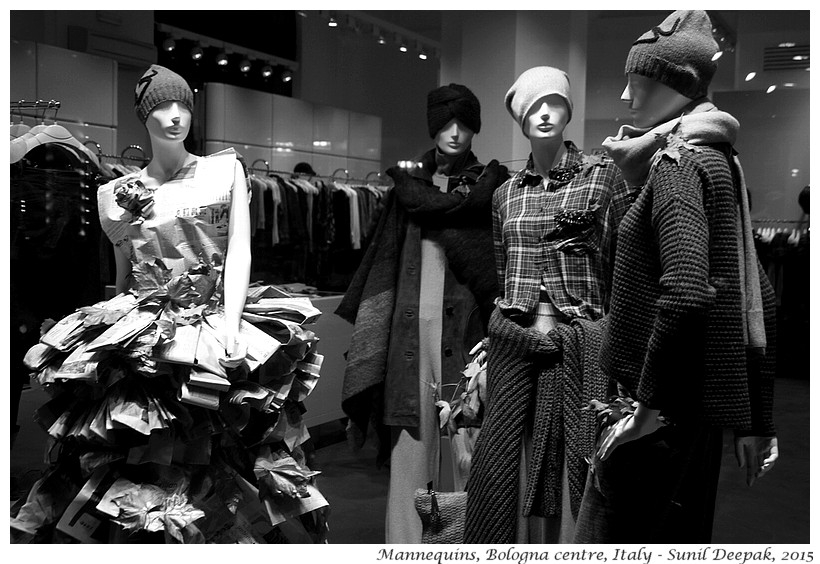 Mannequin with newspaper dress, Bologna centre, Italy - Images by Sunil Deepak