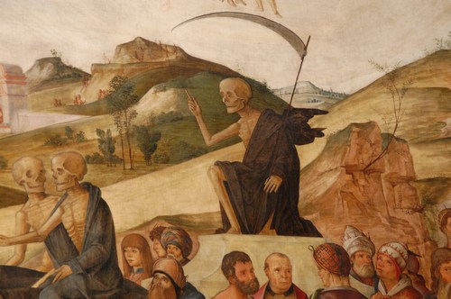 Detail of hills in L. Costa paintings, Bentivoglio chapel, San Giacomo church, Bologna, Italy